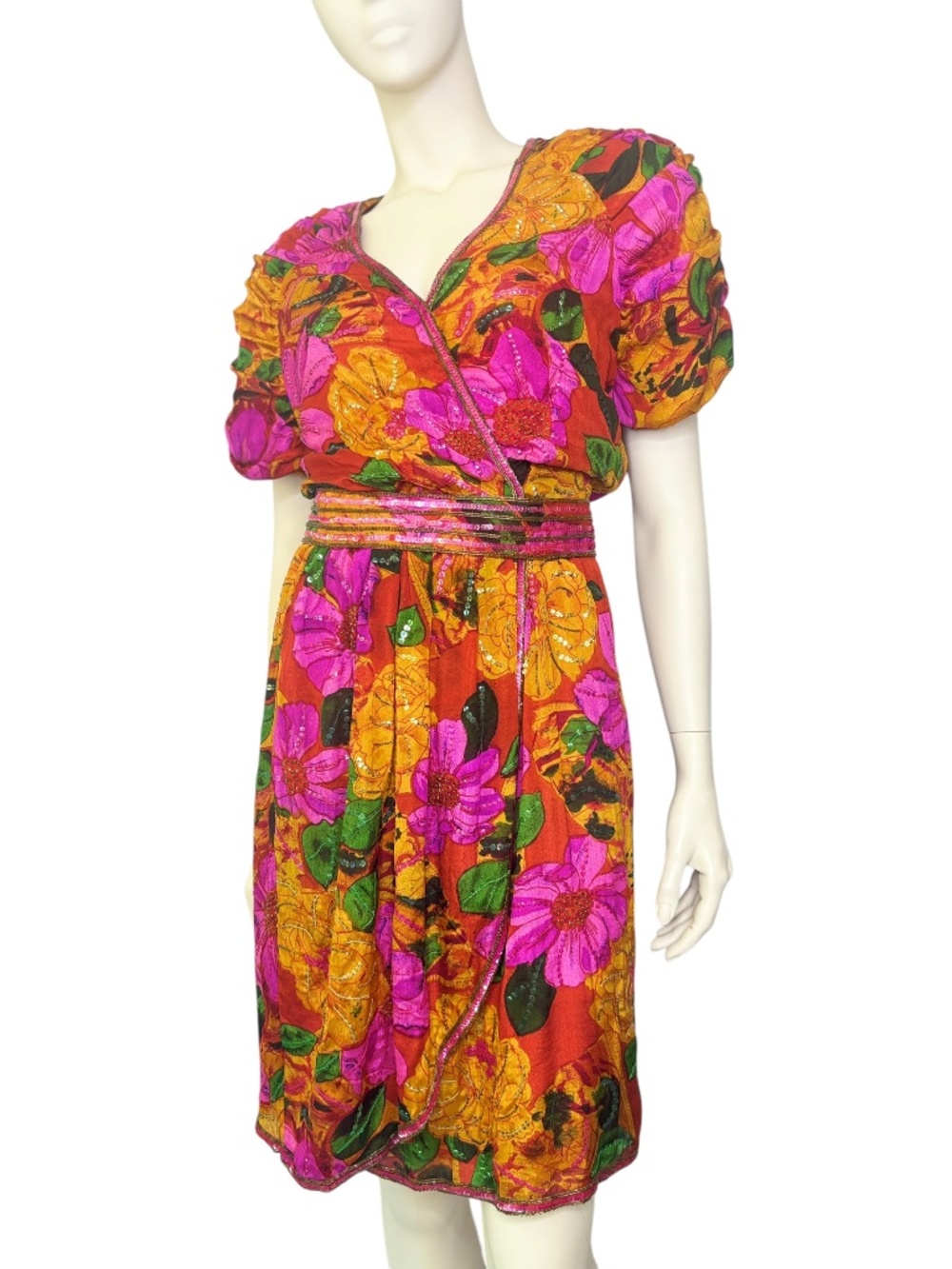 Vintage 80's Judith Ann Creations “Electric Floral Garden” Sequin Wrap Dress S/M